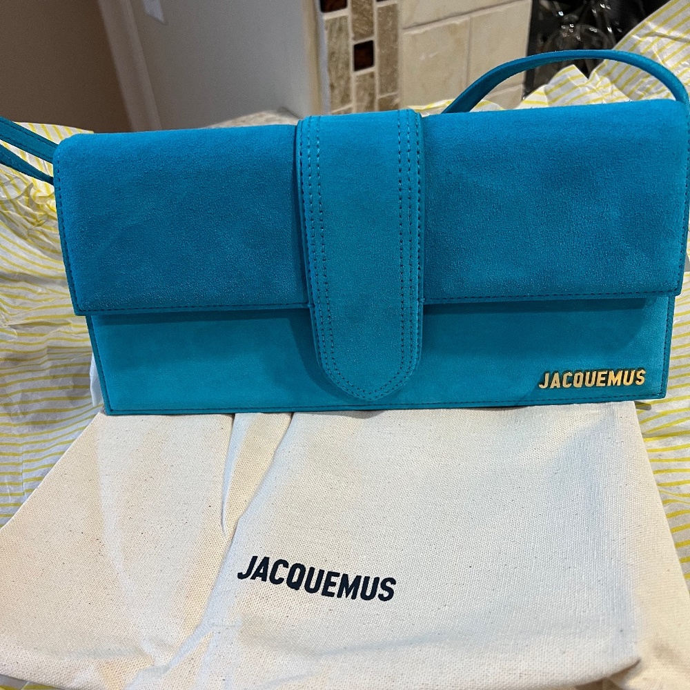JACQUEMUS Le Bambino Long suede shoulder bag in Dark Turquoise